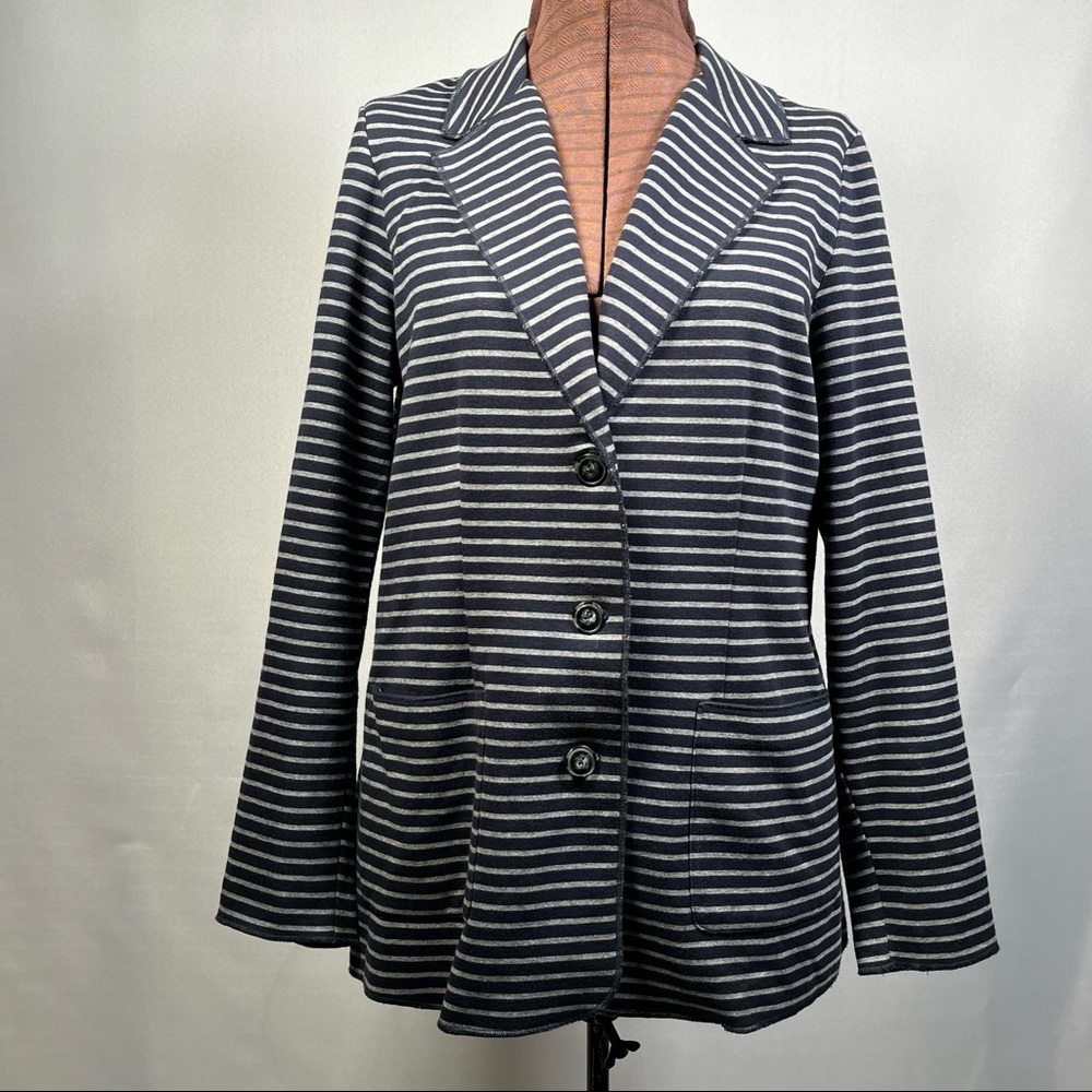J. Jill Horizontal Striped Navy Blue Ponte Jersey Blazer Jacket Size Medium